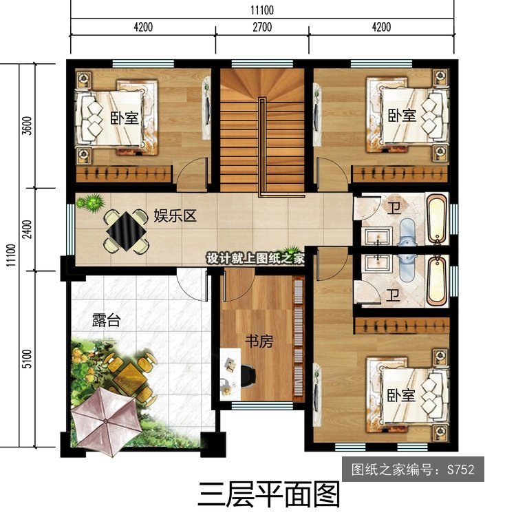 开间11.1米进深12米三层简欧风带车库带阳台 7层户型图