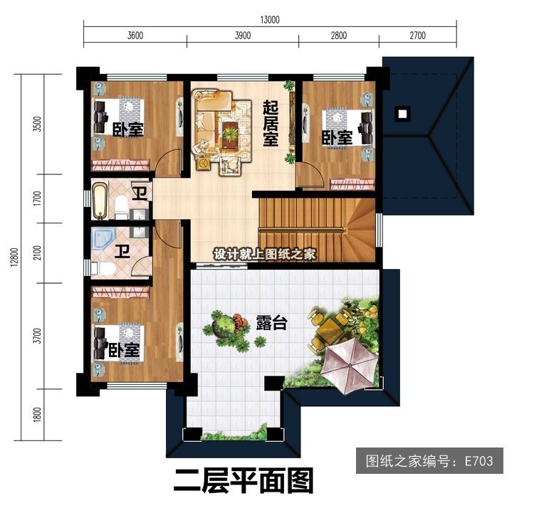 开间13米进深12.8米二层新中式带配房带阳台 2层户型图