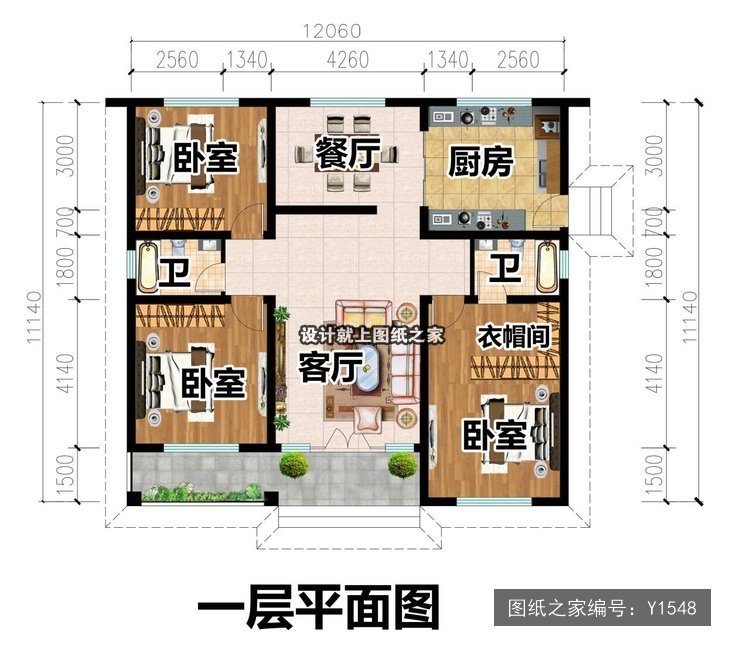 开间12.06米进深11.14米一层简欧风带阳台 1层户型图
