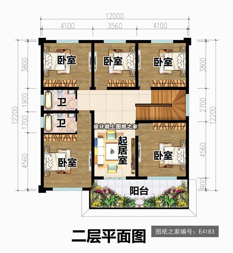 开间12米进深12.2米二层简欧风带阳台无罗马柱 2层户型图