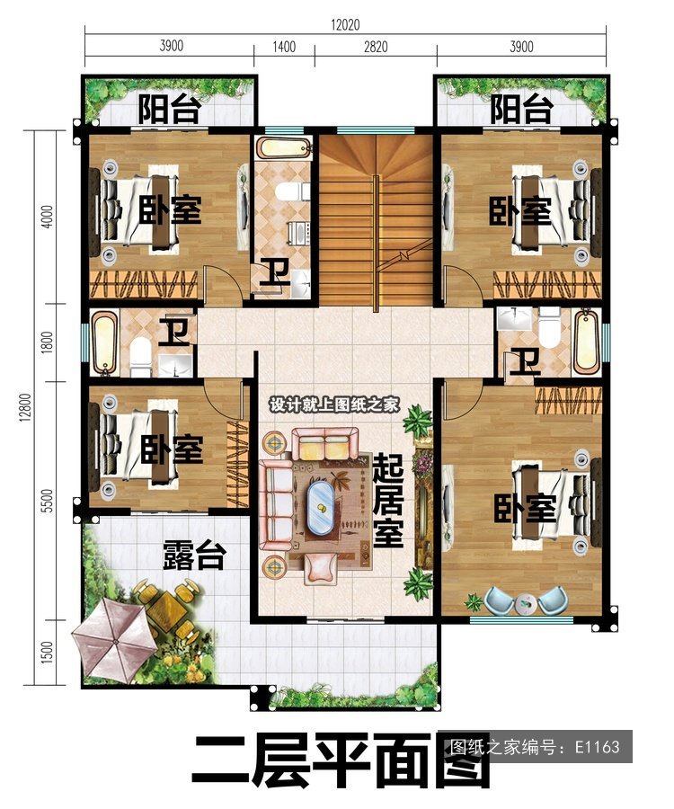 开间12.02米进深12.8米二层简欧风平屋顶带阳台 2层户型图