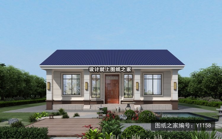 开间11.8米进深11.4米一层新中式平屋顶 效果图