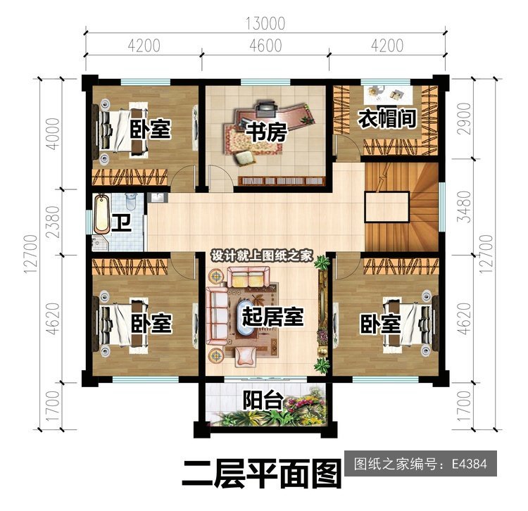 开间13米进深12.7米三层新中式带阁楼大露台 2层户型图