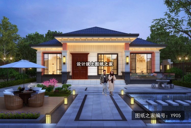 开间15米进深10米一层新中式官帽房 效果图