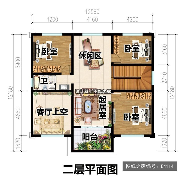 开间12.56米进深12.18米二层新中式带阳台 2层户型图