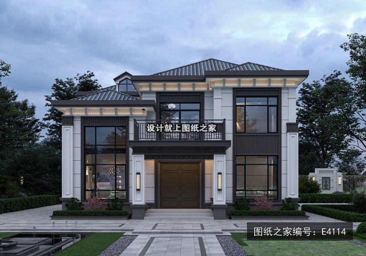 开间12.56米进深12.18米二层新中式带阳台 效果图