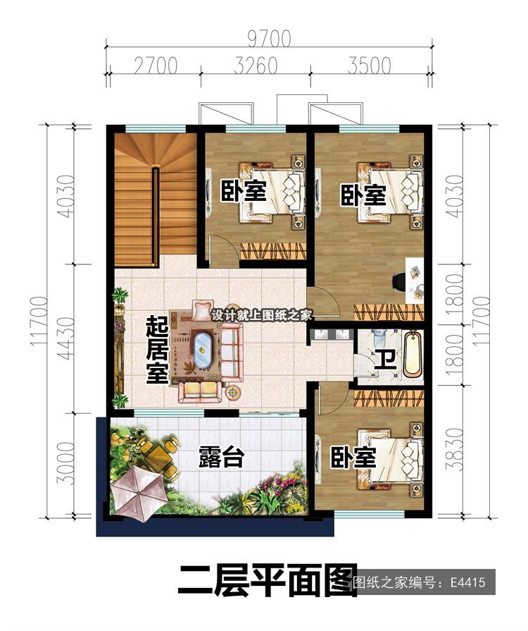 开间9.7米进深11.7米二层现代风带露台 2层户型图