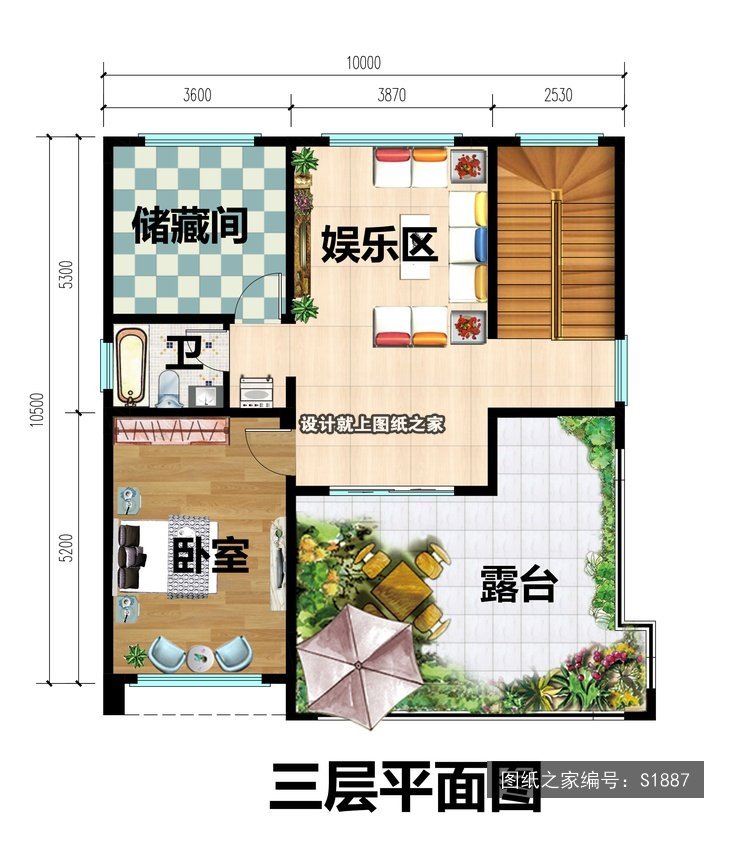 开间10米进深10.5米三层现代风平屋顶带露台 3层户型图