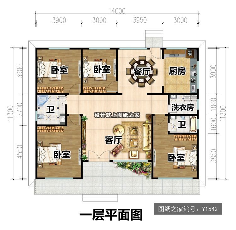 开间14米进深11.3米一层新中式无罗马柱 1层户型图
