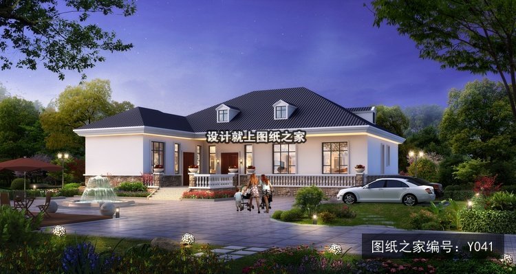 开间18.6米进深19.2米一层简欧风带车库 效果图