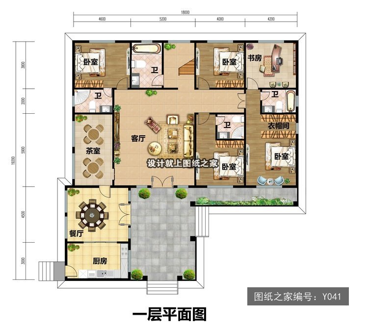 开间18.6米进深19.2米一层简欧风带车库 1层户型图