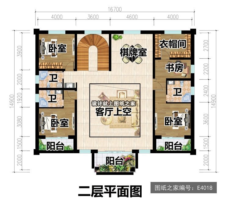 开间16.7米进深14.9米二层简欧风带阳台 2层户型图