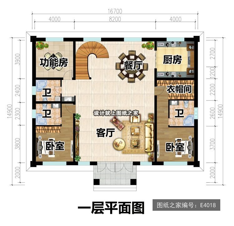 开间16.7米进深14.9米二层简欧风带阳台 1层户型图