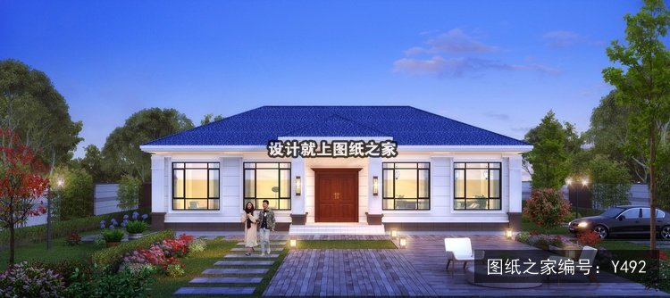 开间18米进深11.6米一层简欧风平屋顶带车库 效果图