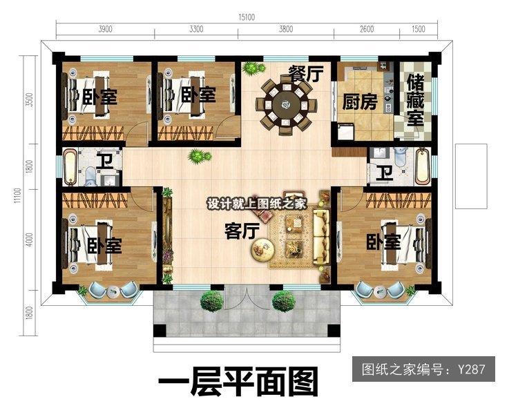 开间15.1米进深11.1米一层简欧风带车库 1层户型图