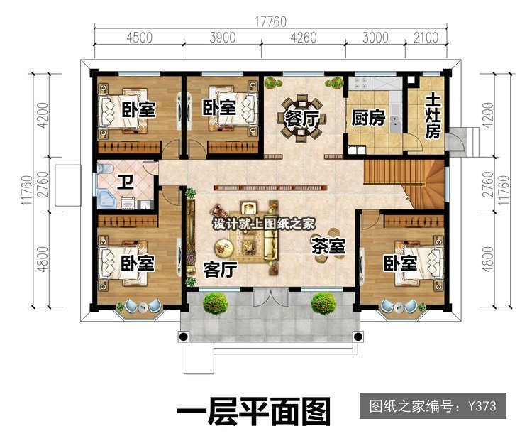 开间17.76进深12米一层简欧风无罗马柱 1层户型图