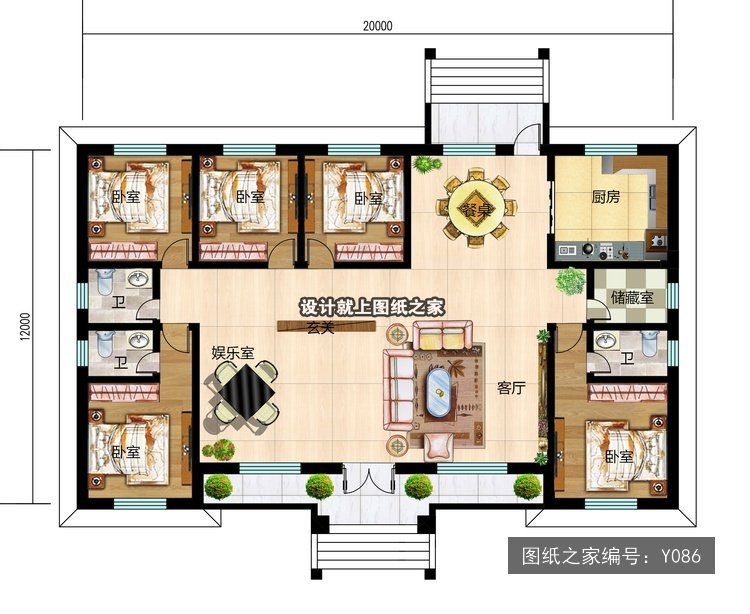 开间20米进深12米一层简欧风带阳台 1层户型图