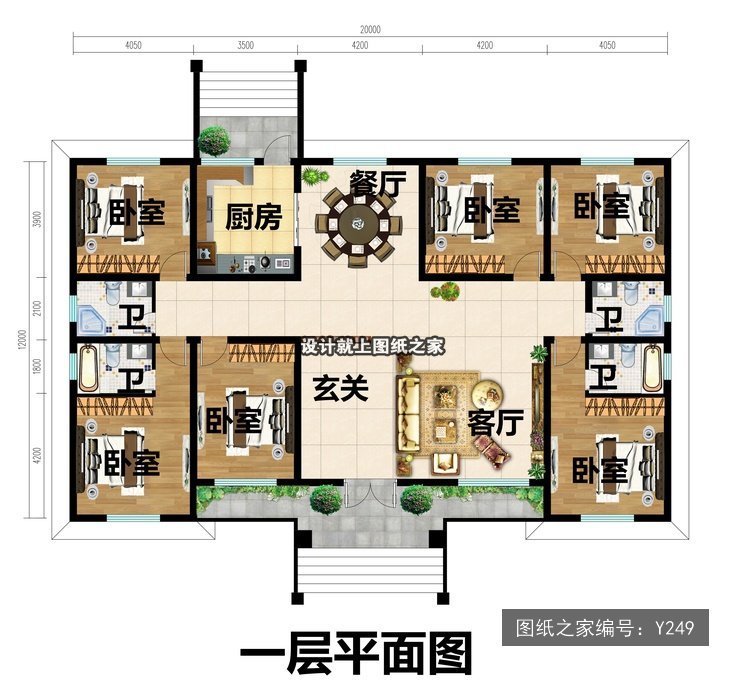 开间20米进深12米一层简欧风带罗马柱无车库 1层户型图