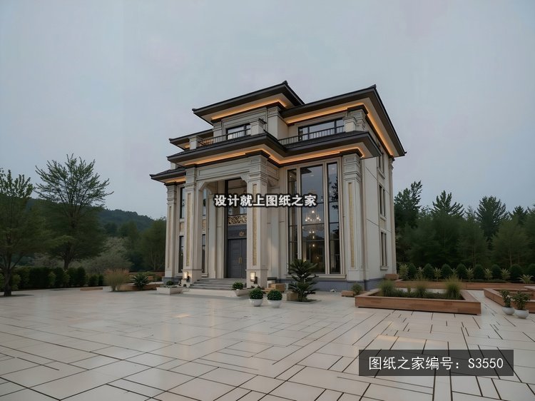 开间14.5米进深14米三层简欧风带露台 效果图