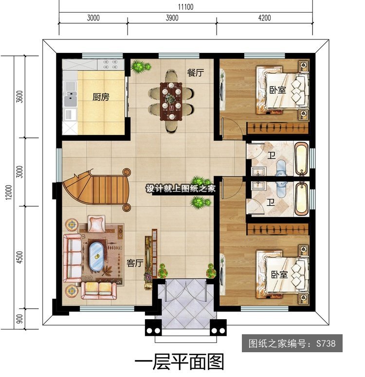 开间11.1米进深12米三层简欧风大露台带架空 1层户型图