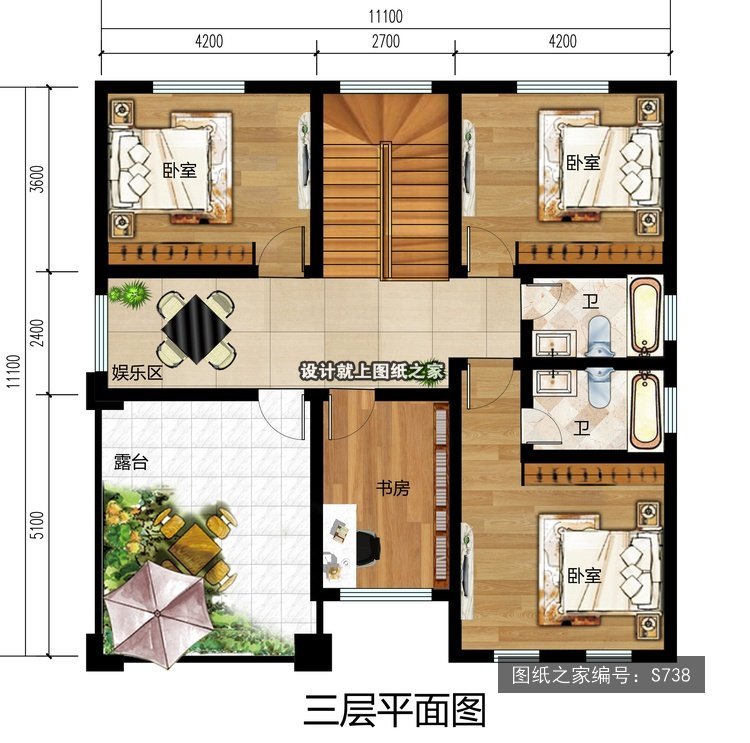 开间11.1米进深12米三层简欧风大露台带架空 3层户型图