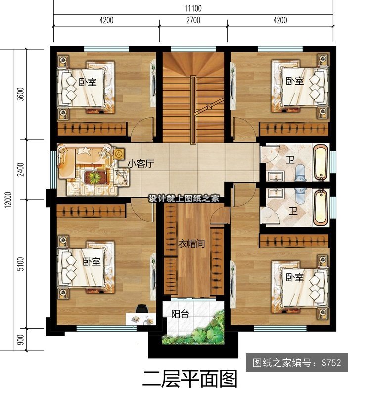 开间11.1米进深12米三层简欧风带车库带阳台 4层户型图
