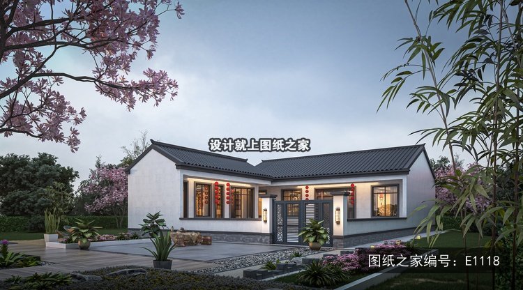 开间15米进深20.54米一层新中式L型带配房 效果图