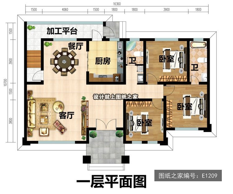 开间16.36米进深10.7米二层新中式带露台 1层户型图