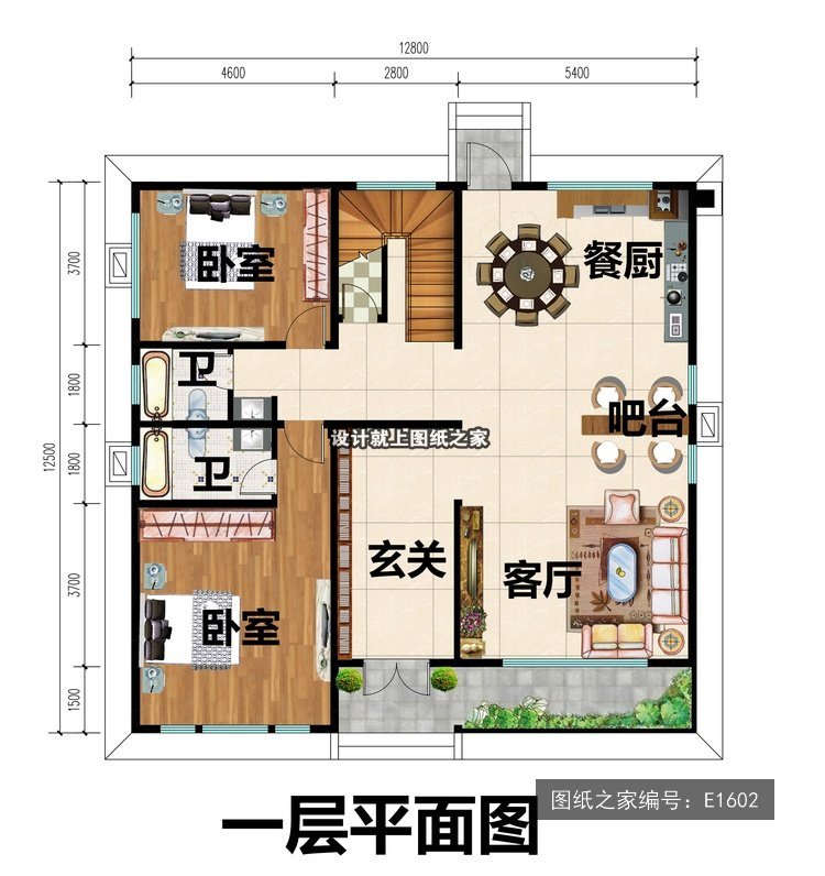 开间12.8米进深12.5米三层简欧风无罗马柱带露台 1层户型图