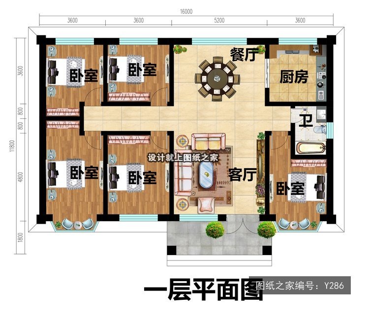 开间16米进深11.8米一层简欧风带罗马柱 1层户型图