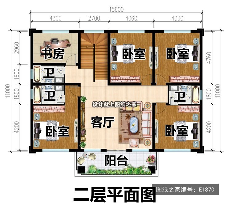 开间15.6米进深11米二层新中式带车库 2层户型图