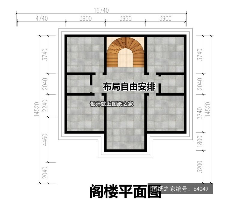 开间16.74米进深14.52米二层新中式L型带配屋L型 3层户型图