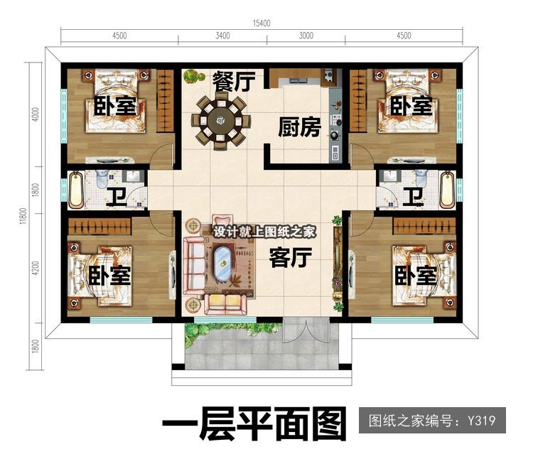开间15.4米进深11.8米一层现代风无罗马柱 1层户型图