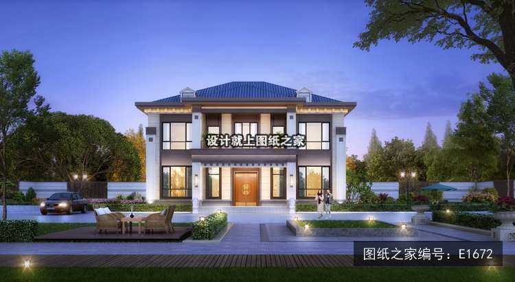 开间14.6米进深13.8米二层新中式带车库 效果图