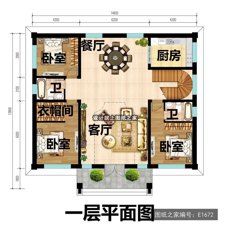 开间14.6米进深13.8米二层新中式带车库 1层户型图