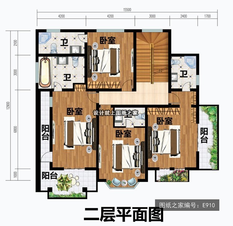 开间15.5米进深12.9米二层简欧风无罗马柱 2层户型图