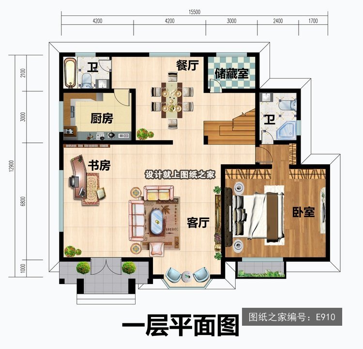 开间15.5米进深12.9米二层简欧风无罗马柱 1层户型图