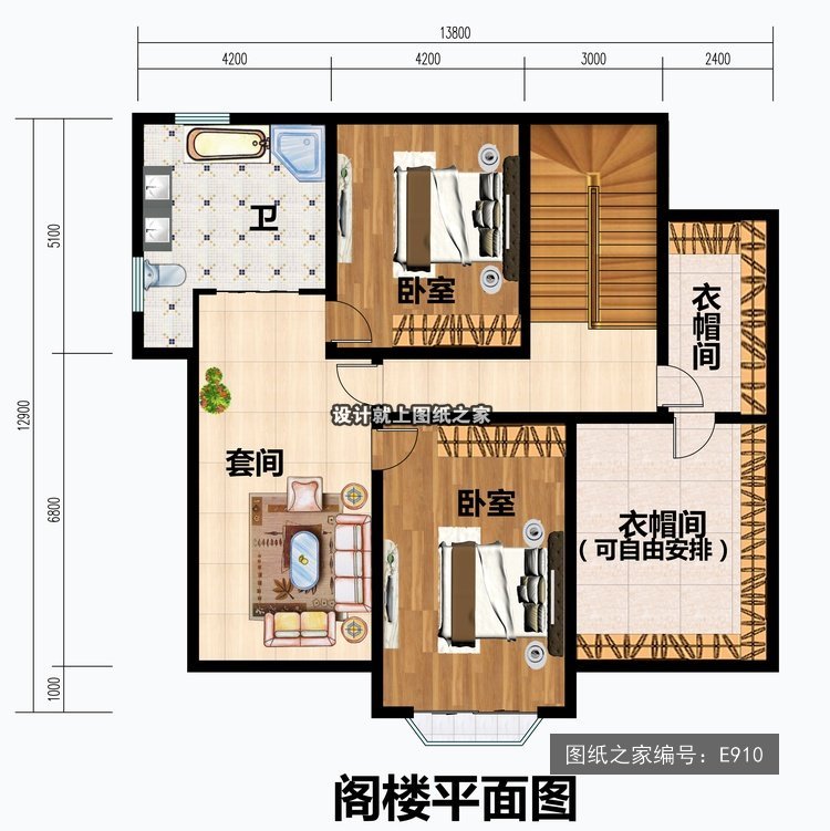 开间15.5米进深12.9米二层简欧风无罗马柱 3层户型图