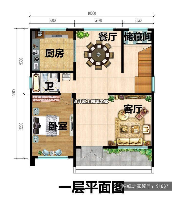 开间10米进深10.5米三层现代风平屋顶带露台 1层户型图