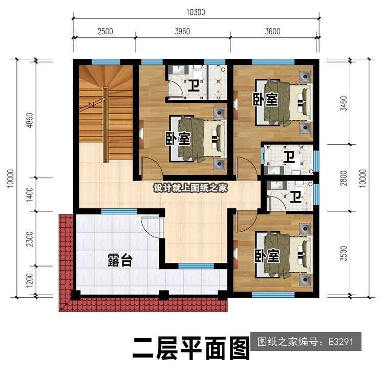 开间10.3米进深10米二层简欧风带阳台带露台 2层户型图