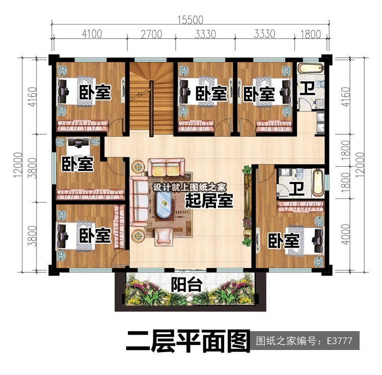 开间15.5米进深12米二层新中式带露台 2层户型图