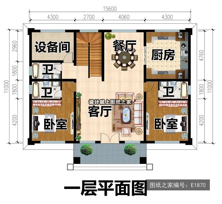 开间15.6米进深11米二层新中式带车库 1层户型图