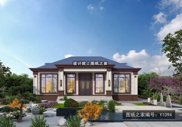 开间14.76米进深9.88米一层新中式官帽房无罗马柱 效果图