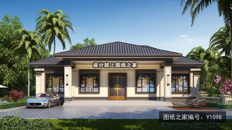 开间18米进深10米一层新中式官帽房 效果图