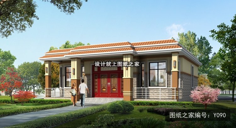 开间12.8米进深10米一层新中式平屋顶 效果图