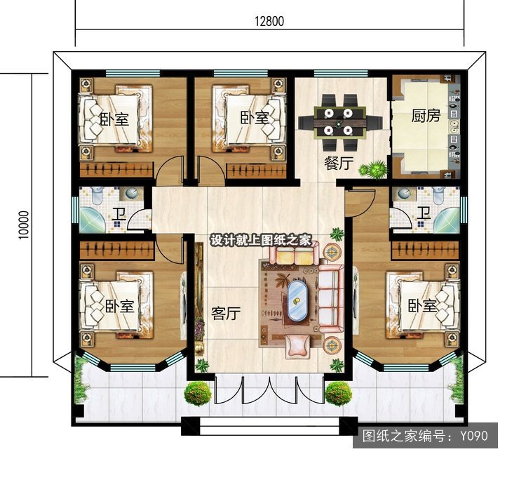 开间12.8米进深10米一层新中式平屋顶 1层户型图
