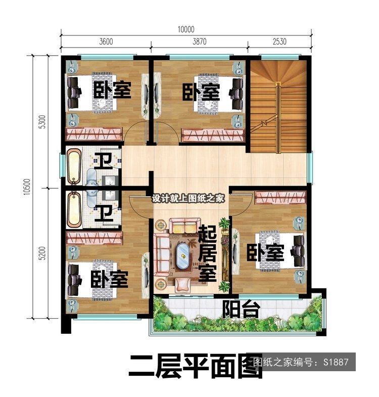 开间10米进深10.5米三层现代风平屋顶带露台 2层户型图