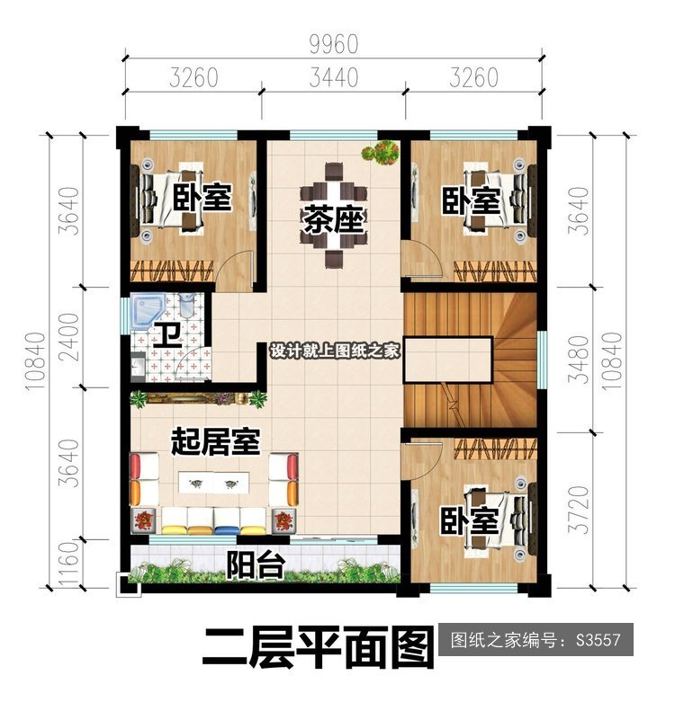 开间9.96米进深10.84米三层简欧风平屋顶带露台 2层户型图