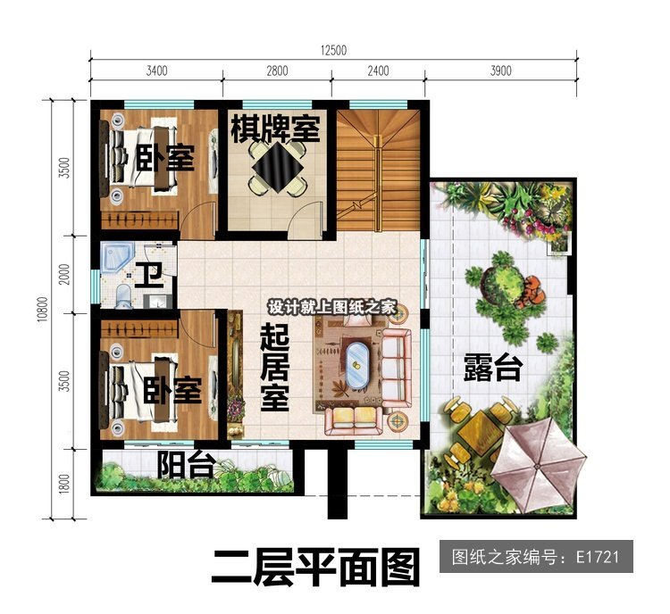开间12.5米进深10.8米二层现代风平屋顶无罗马柱 2层户型图