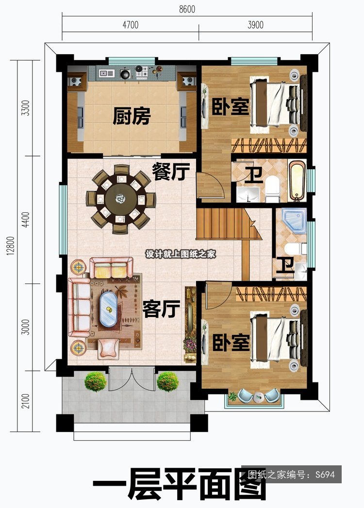 开间8.6米进深12.8米三层欧式风带露台带阳台 1层户型图
